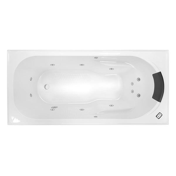 Decina Modena Contour white acrylic spa bath, rectangular top view with jets and control pad on rim