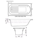 Technical drawing of Decina Modena Contour spa bath, showing top and side views with dimensions in white rectangular shape