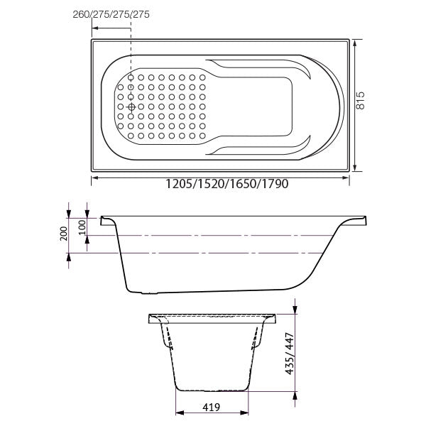 Technical drawing of Decina Modena Contour spa bath, showing top and side views with dimensions in white rectangular shape