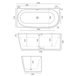 Decina Natalia 1500 back-to-wall corner bath technical drawing with dimensions, top and side views, white oval acrylic bath with overflow