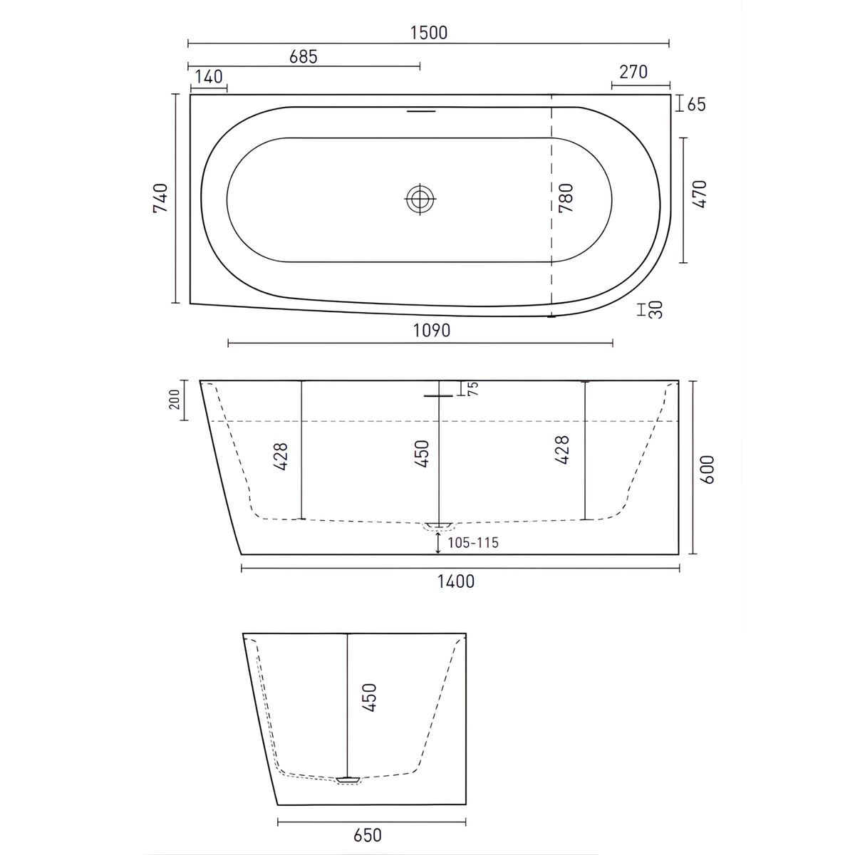Decina Natalia 1500 back-to-wall corner bath technical drawing with dimensions, top and side views, white oval acrylic bath with overflow