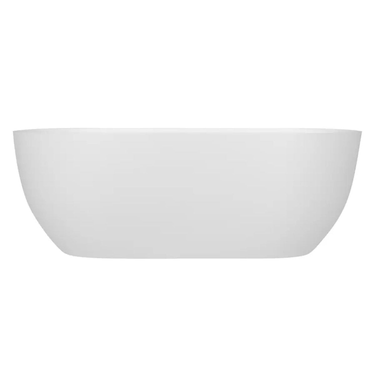 Decina Novara white oval freestanding bath, side view with slim lip and integrated overflow