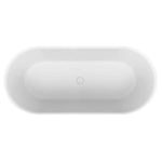 Top view of a white Decina Novara freestanding oval bath with centre waste point and integrated overflow visible