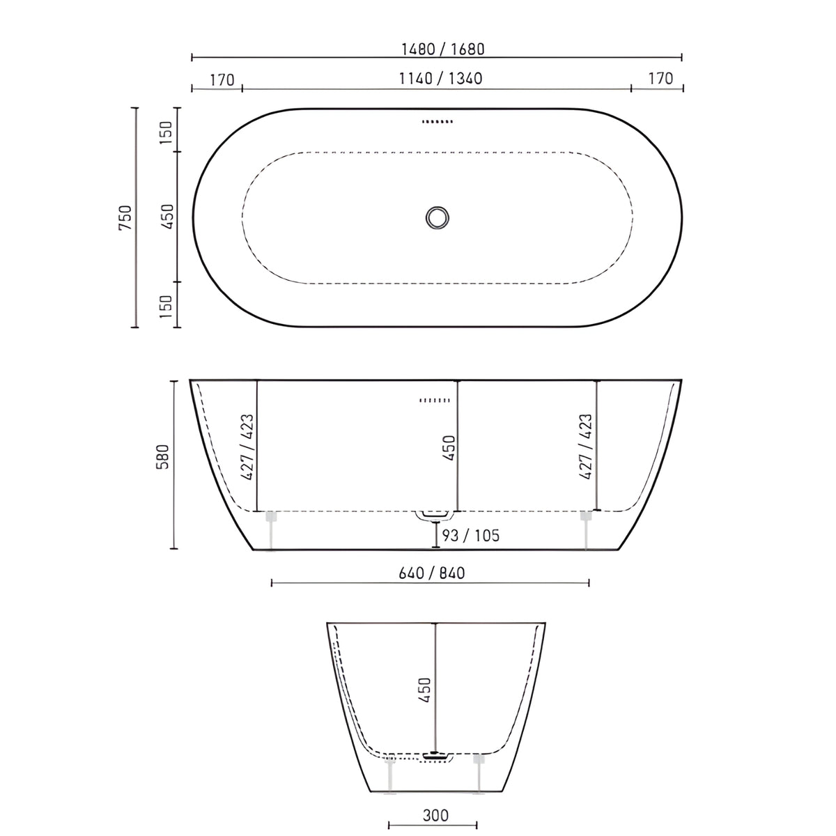 Technical drawing of Decina Novara 1680 freestanding bath, oval white acrylic with centre waste and integrated overflow dimensions