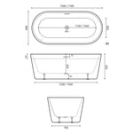 Decina Prezzo freestanding bath technical drawing, white oval 1500mm with centre waste and integrated overflow dimensions