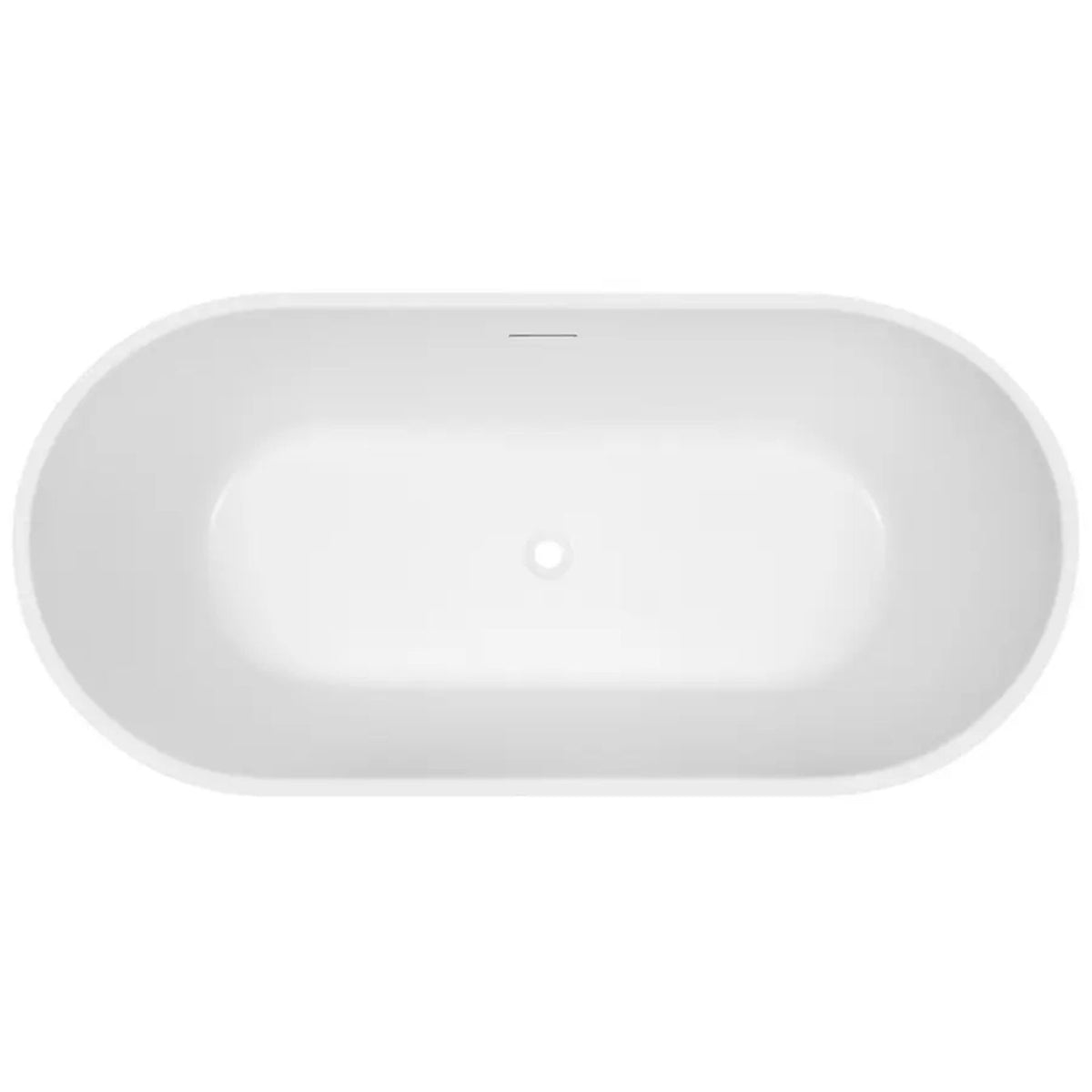 Top-down view of a white Decina Prezzo oval freestanding bath with integrated overflow and centre waste opening