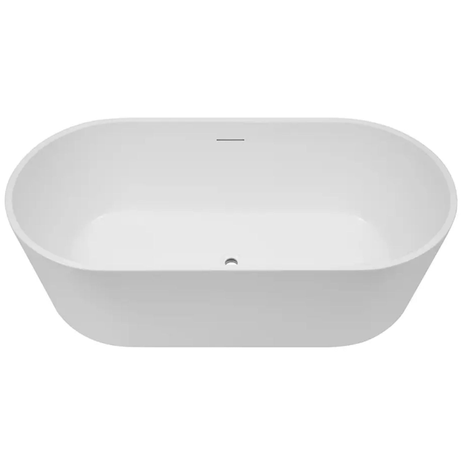 Decina Prezzo white freestanding oval bath, front view, with integrated overflow and centre waste opening