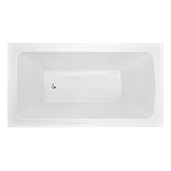 Decina Shenseki compact inset bath in white acrylic, rectangular top view with centre waste hole on a plain white background