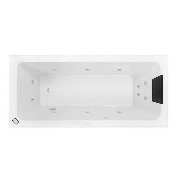 Decina Shenseki white rectangular spa bath, top view, with jets and black headrest end