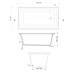 Decina Shenseki 160 Contour Spa Bath technical drawing, white rectangular inset bath with dimensions and side profile