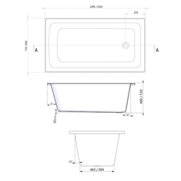 Decina Shenseki 160 Contour Spa Bath technical drawing, white rectangular inset bath with dimensions and side profile