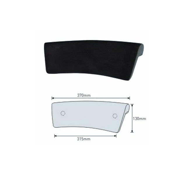 Decina Sia curved bath headrest in black, cushioned pillow with suction cups shown with dimension drawing