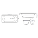 Technical drawing of Decina Turin 1520 contour spa bath, top and side views with dimensions, white rectangular inset bath and rim detail