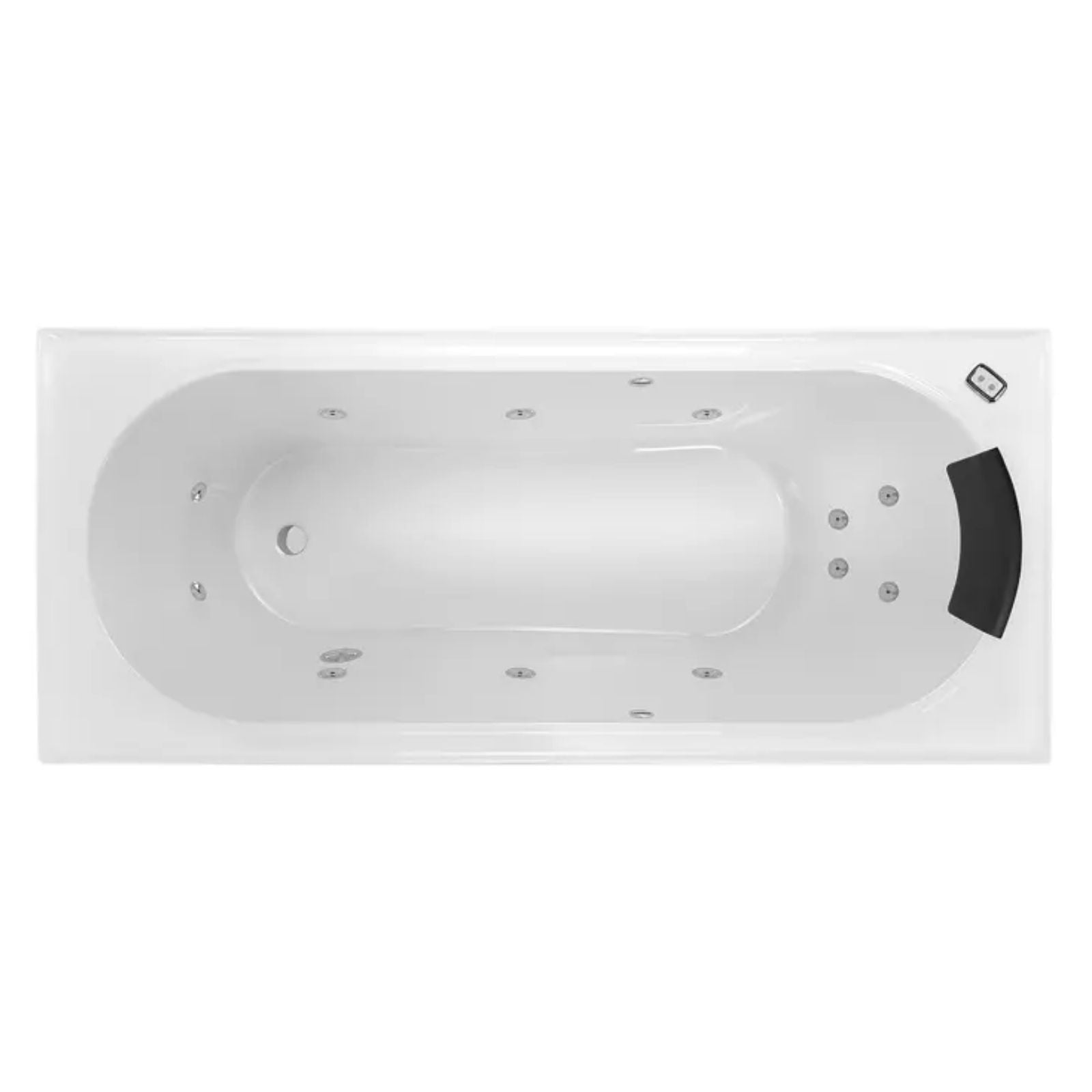 Decina Turin rectangular white spa bath with 12 jets, black headrest and rim control, top view