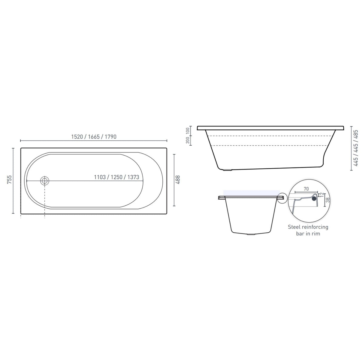 Technical drawing of Decina Turin contour spa bath, showing rectangular inset bath dimensions and steel reinforcing bar in rim