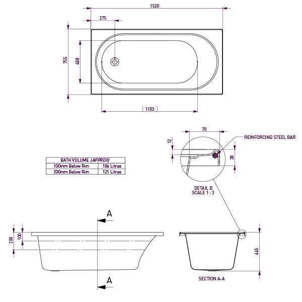 Technical drawing of Decina Turin inset bath, showing rectangular oval bath dimensions, section view and reinforcing steel bar details