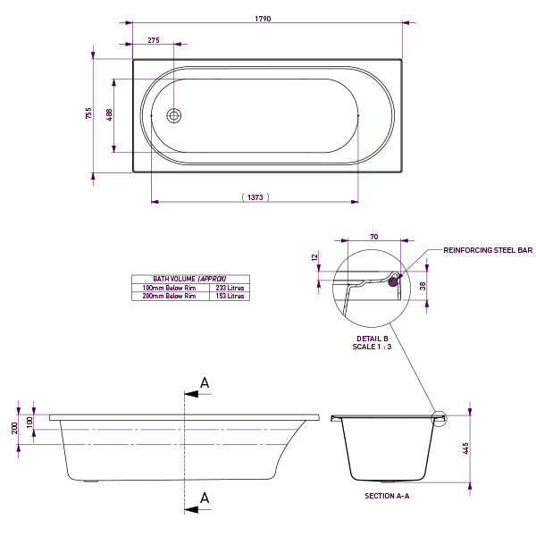 Decina Turin inset bath technical drawing, top and section views in white with dimensions and reinforcing steel bar detail
