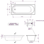 Decina Turin inset bath technical drawing, white rectangular bath with oval interior, dimensions and section view shown