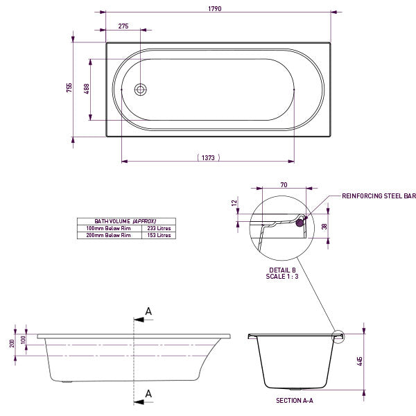 Decina Turin inset bath technical drawing, white rectangular bath with oval interior, dimensions and section view shown