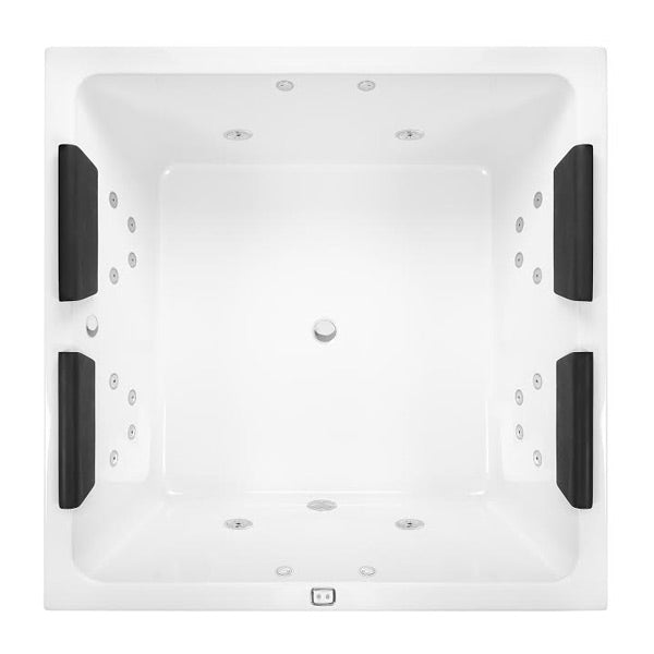 Decina Venice Contour white square spa bath with black headrests, top view
