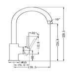 Nero Dolce gooseneck kitchen mixer technical drawing in chrome, showing front view with dimensions and swivel angles.