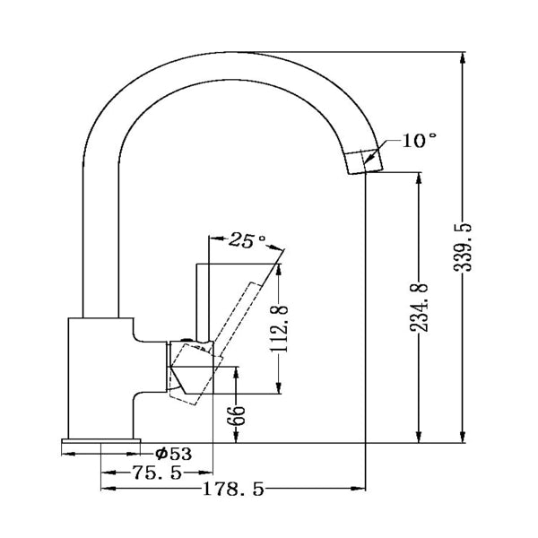 Nero Dolce gooseneck kitchen mixer technical drawing in chrome, showing front view with dimensions and swivel angles.