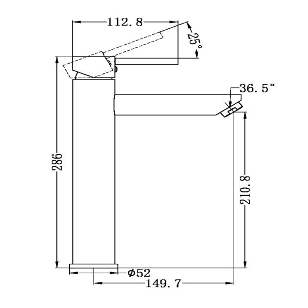Nero Dolce tall basin mixer chrome technical drawing with dimensions and angled spout profile