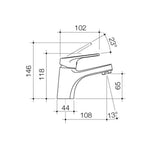 Dorf Kip basin mixer technical drawing in chrome, side view with dimensions and angles shown
