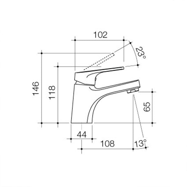 Dorf Kip basin mixer technical drawing in chrome, side view with dimensions and angles shown
