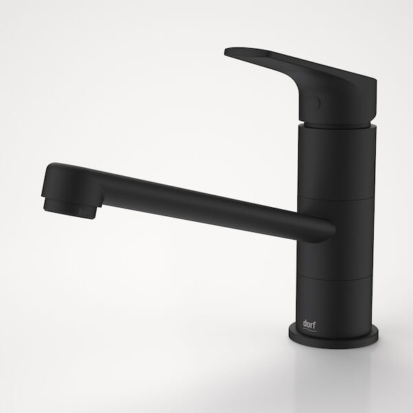 Dorf Kip black sink mixer tap with swivel spout, side view on white background