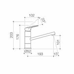 Technical drawing of a Dorf Kip black sink mixer tap, side view with dimensions and swivel spout angles