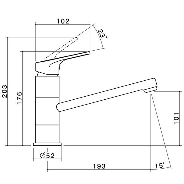Dorf Kip Sink Mixer technical drawing in polished chrome, showing side view with swivel spout and dimensions