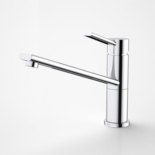 Dorf Villa chrome sink mixer with long swivel spout and cylindrical base, side view on white background