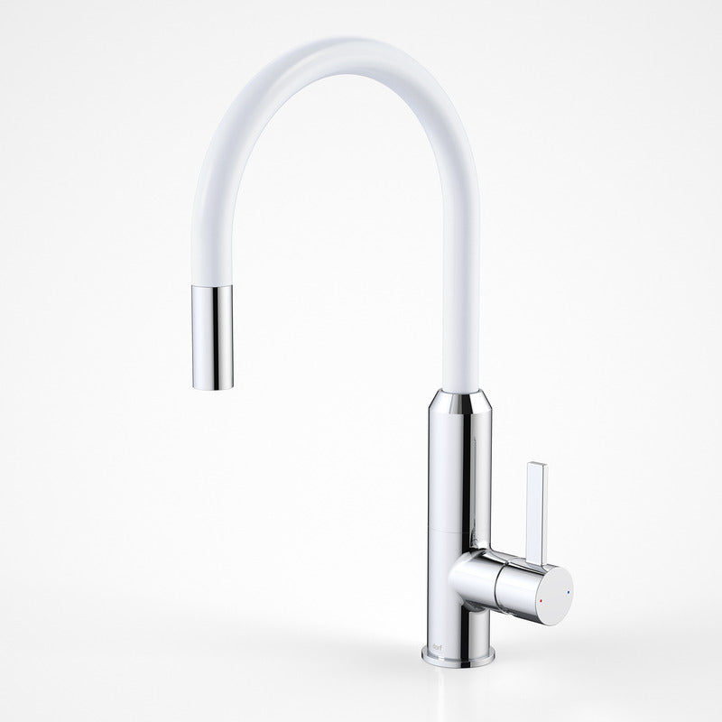 Dorf Vixen retractable sink mixer with white U-shaped spout and chrome handle, isolated on white background