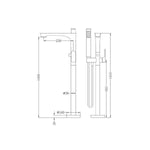 Technical drawing of Nero Bianca freestanding bath mixer with hand shower, brushed gold, showing dimensions and side view