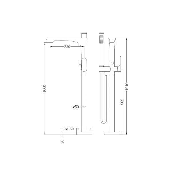 Technical drawing of Nero Bianca freestanding bath mixer with hand shower, brushed gold, showing dimensions and side view