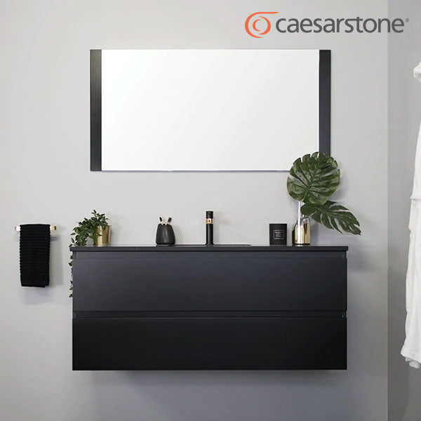 ADP Glacier Pro wall hung black all-drawer vanity with Caesarstone benchtop in a bathroom setting
