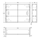 Technical drawing of Fienza 900mm mirror cabinet, front and side views with dimensions in mm, Scandi Oak side panels shown