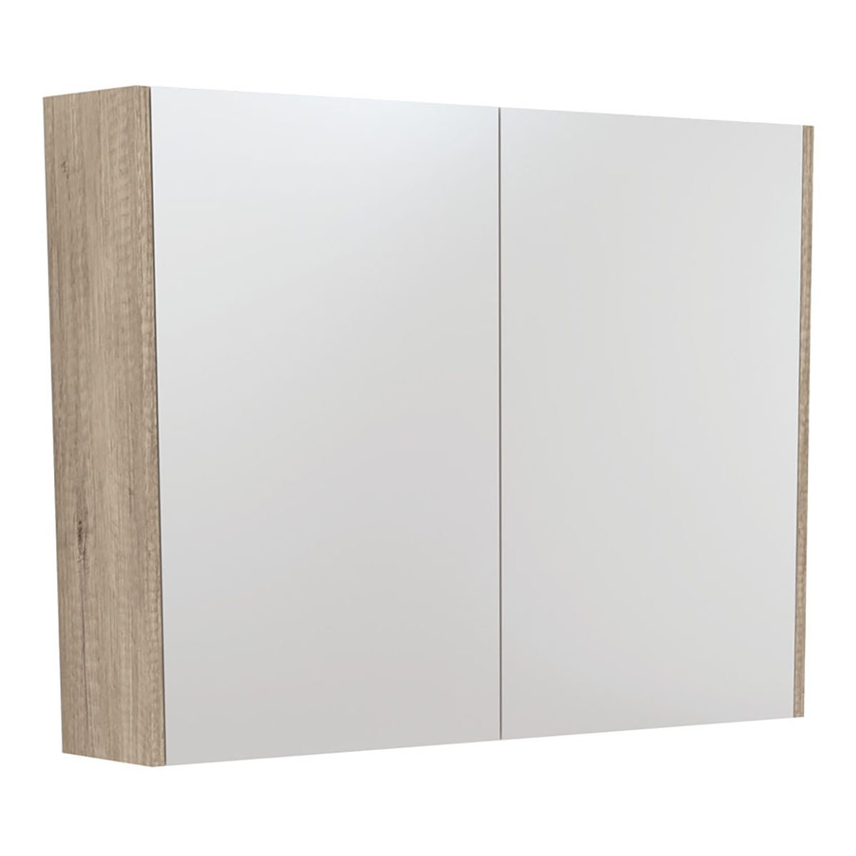 Fienza 900mm mirror cabinet with Scandi Oak side panels and double mirrored doors, front view