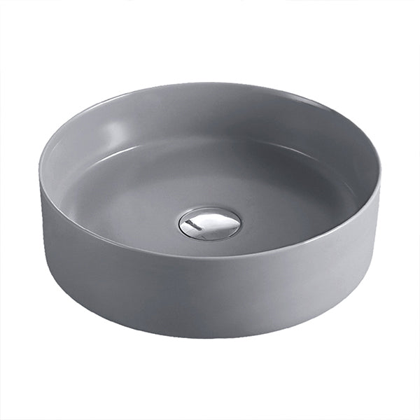 Fienza Reba round above counter ceramic basin in matte light grey with waste opening, shown on white background