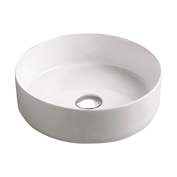 Fienza Reba round gloss white ceramic above counter basin with centre waste opening