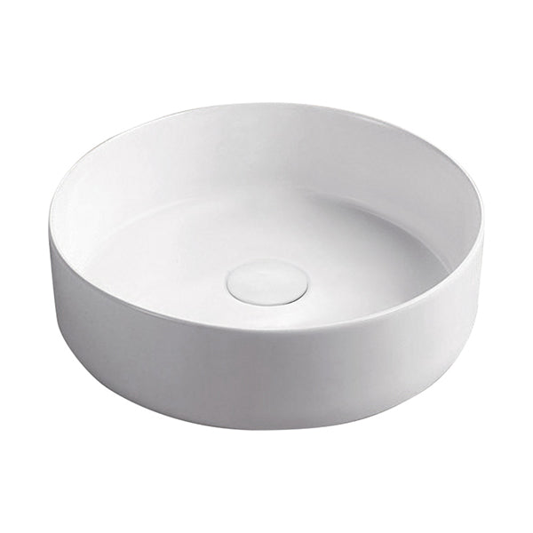 Fienza Reba round ceramic above counter basin in matte white, shown front on with no tap hole