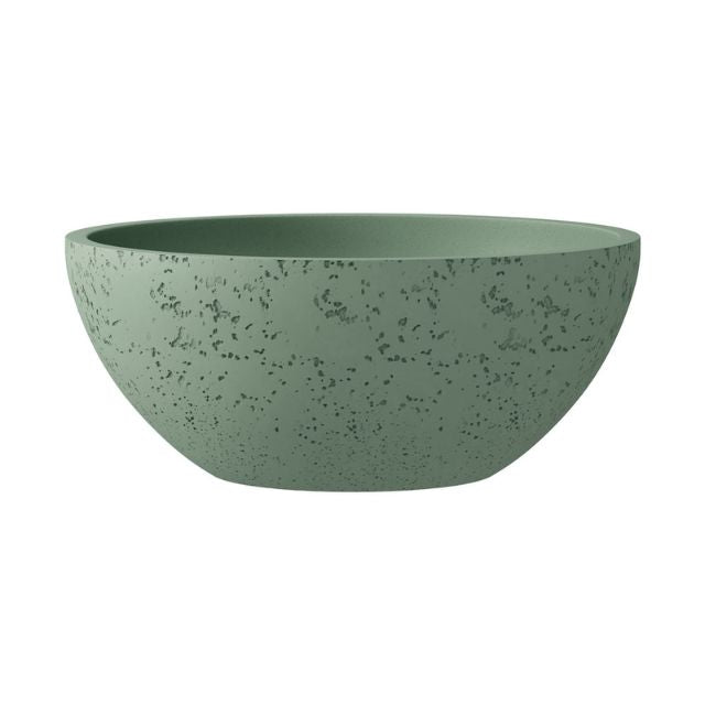 Fienza Alba round concrete above-counter basin in sage, side view, speckled finish
