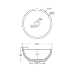 Fienza Alba round concrete above-counter basin technical drawing, Sage, 362 x 145mm, with dimensions and waste opening