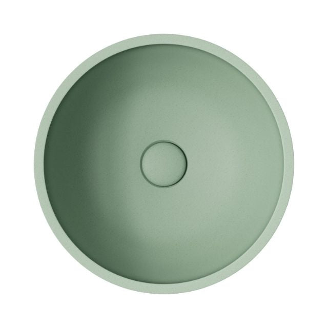 Fienza Alba round concrete above-counter basin in sage, top view, with no tap hole and centred waste opening
