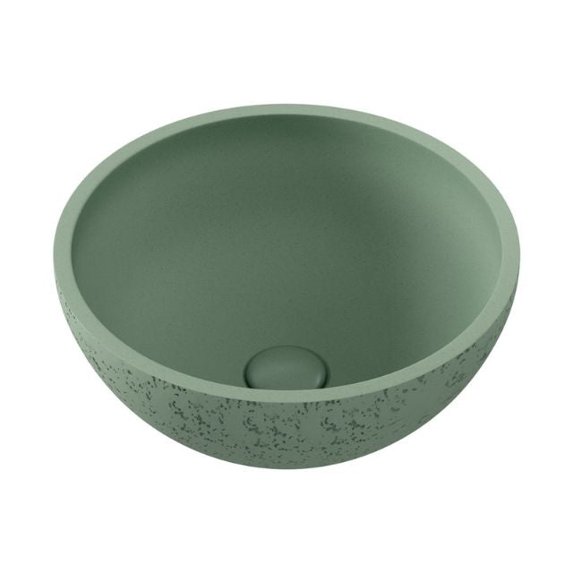 Fienza Alba round above-counter basin in sage green concrete with speckled exterior, front view