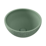 Fienza Alba round above-counter basin in sage green concrete with speckled exterior, front view