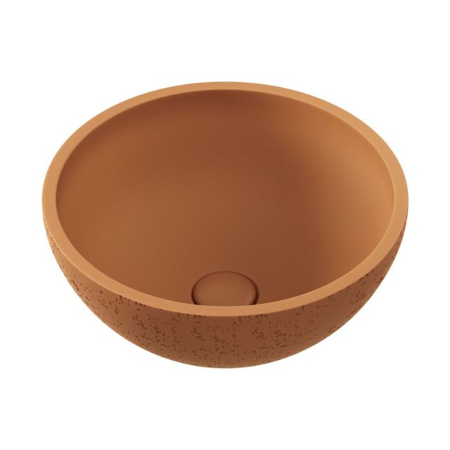 Fienza Alba round concrete above-counter basin in Tuscan, shown from above with textured terracotta finish