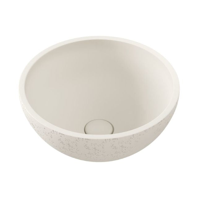 Fienza Alba warm white round above-counter basin, concrete bowl with no tap hole and matte speckled finish