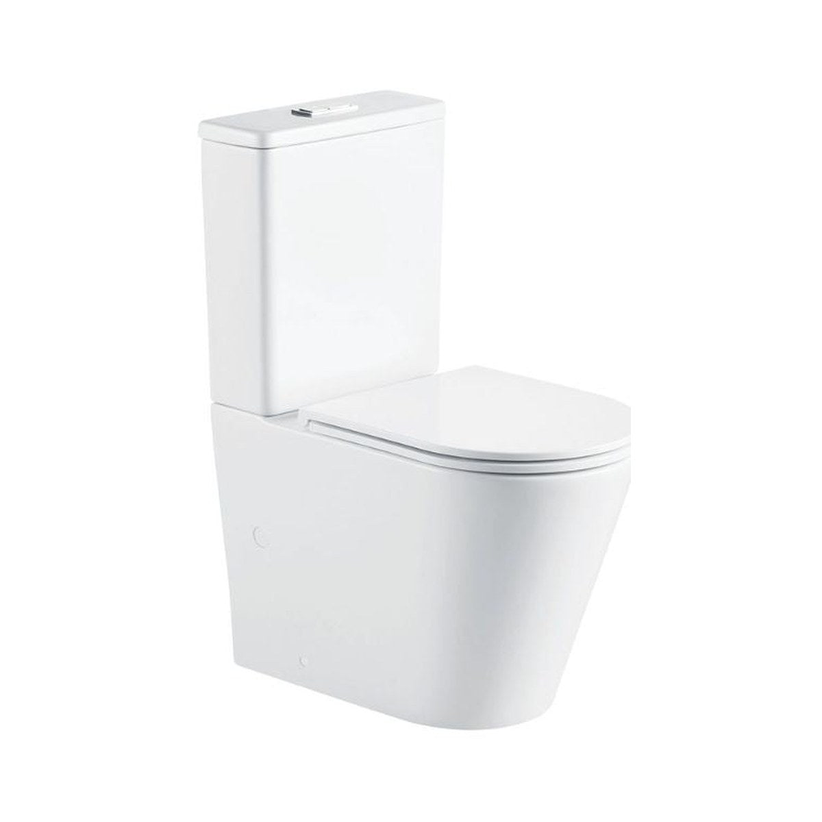 Fienza Aluca white back-to-wall toilet suite with slim seat and concealed cistern, front angle on white background